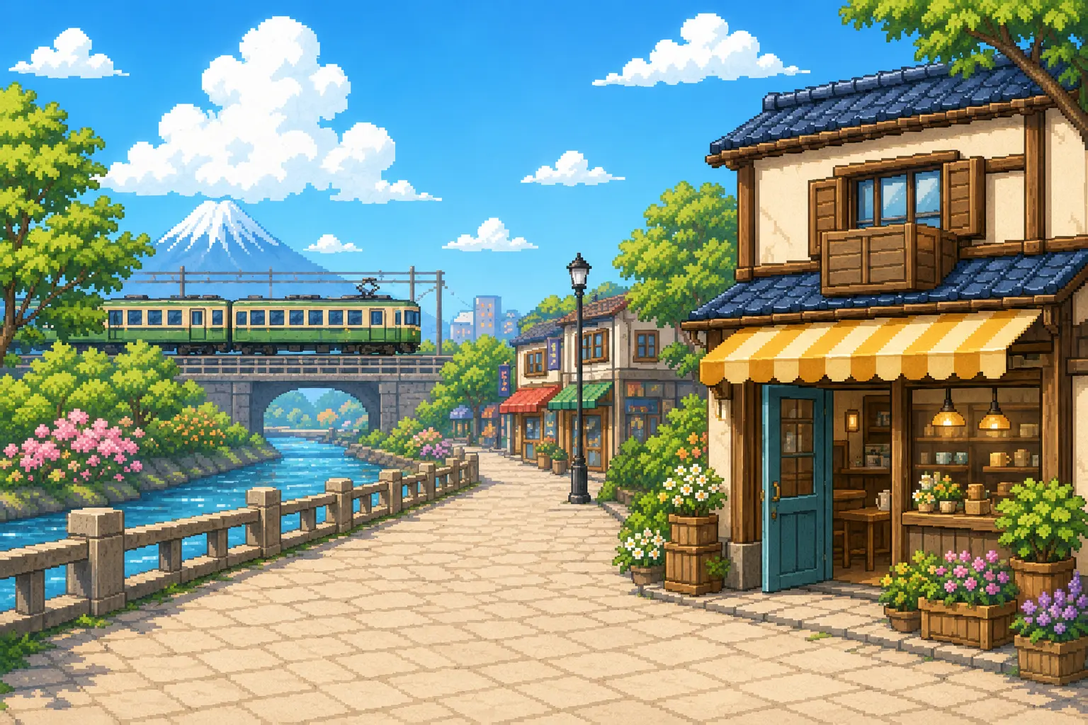 富士山と電車が見える川沿いの商店街を描いたドット絵